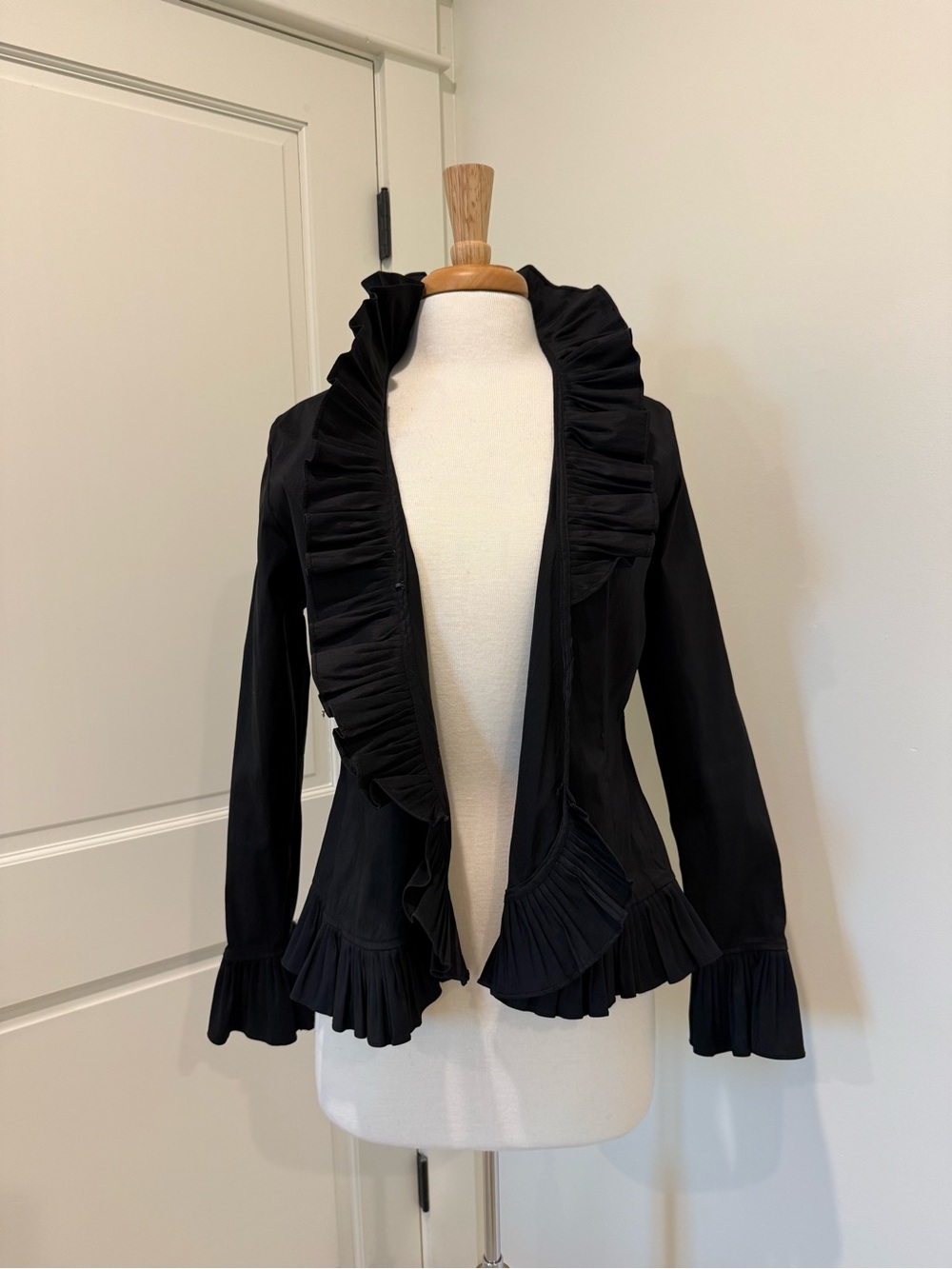 Ruffled Open Front Black Blouse